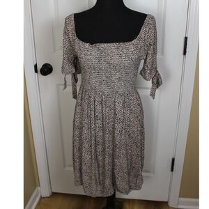 American Eagle Dress Medium Leopard Print Smocked Square Neck Tie Sleeve Casual